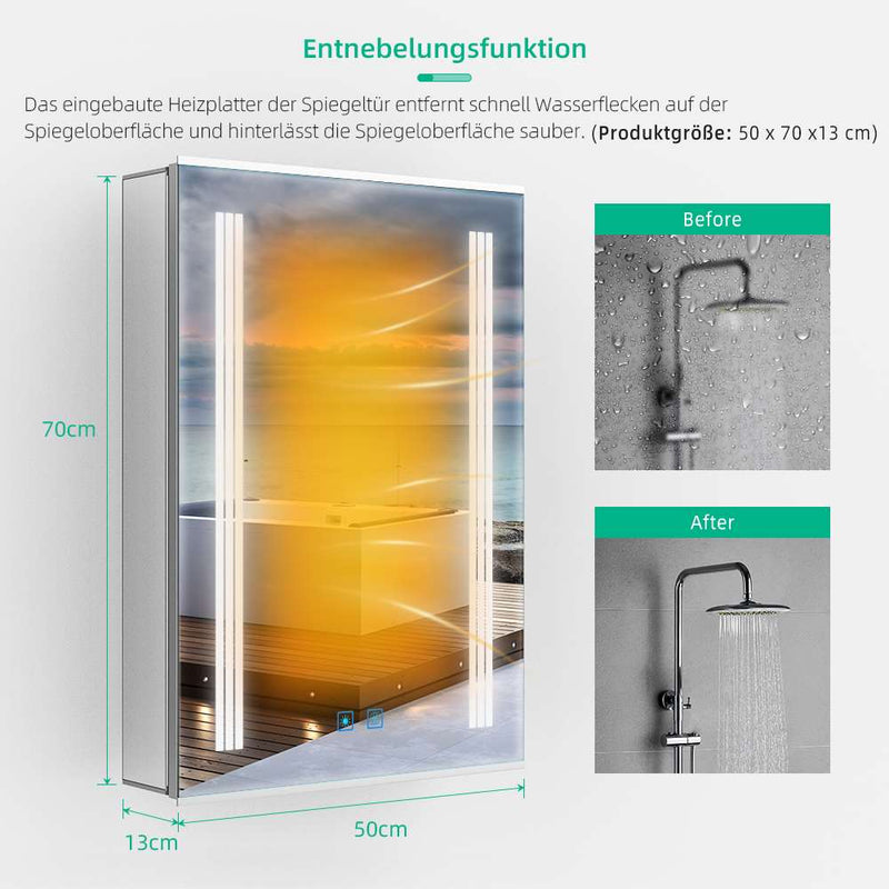 50x70cm LED Badezimmer Spiegelschrank mit Rasierer-Steckdose Beschlagfrei Touch-Schalter