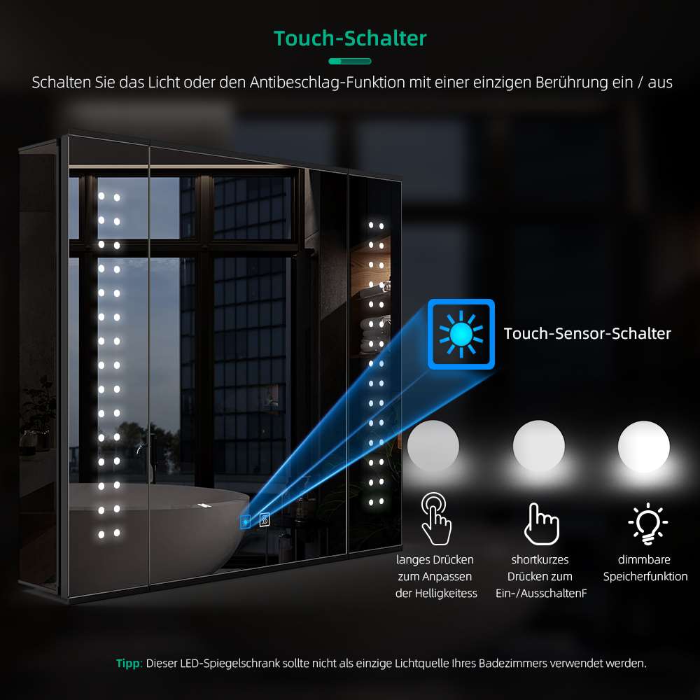 65x60cm LED Schwarz Badezimmer Spiegelschrank mit Rasierer-Steckdose Beschlagfrei Touch-Schalter