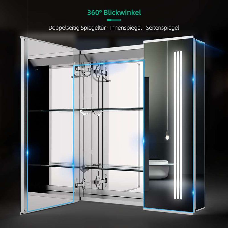 60x70cm LED Badezimmer Spiegelschrank mit Rasier-Steckdose 2 Tür Touch-Schalte