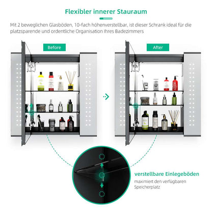 65x60cm LED Schwarz Badezimmer Spiegelschrank mit Rasierer-Steckdose Beschlagfrei Touch-Schalter