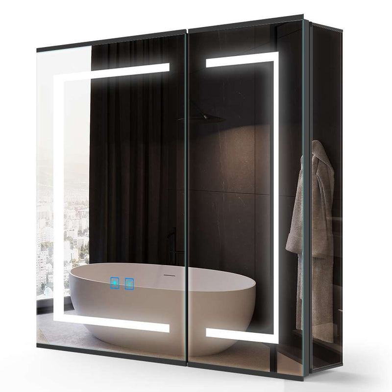 65x60cm LED Schwarz Badezimmer Spiegelschrank mit Rasier-Steckdose 2 Tür Touch-Schalte