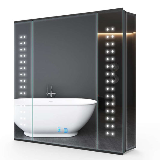 65x60cm LED Schwarz Badezimmer Spiegelschrank mit Rasierer-Steckdose Beschlagfrei Touch-Schalter