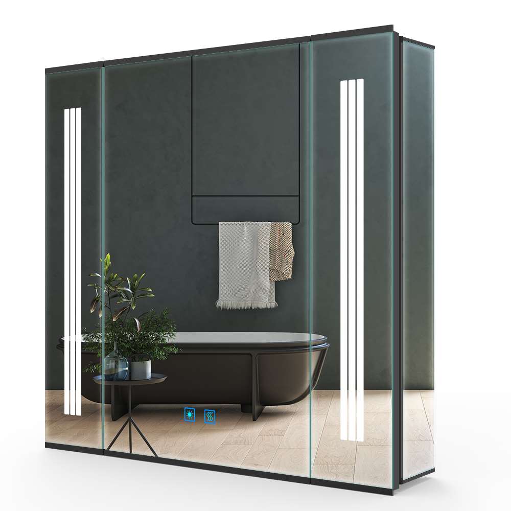65x60cm LED Schwarz Badezimmer Spiegelschrank mit Steckdose Beschlagfrei Touch-Schalter