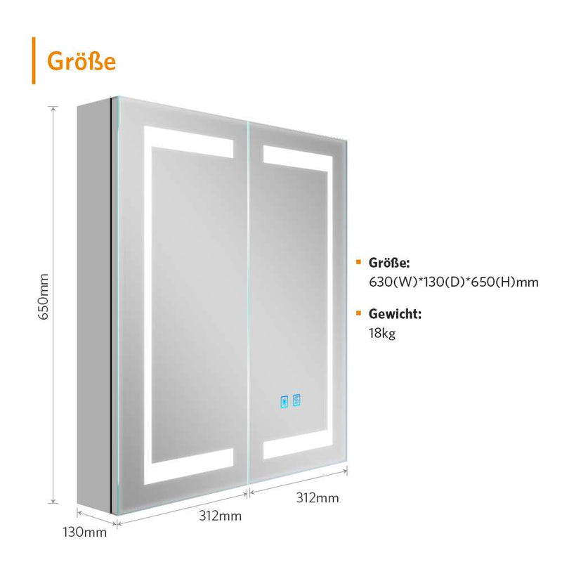 63x65cm LED Badezimmer Spiegelschrank mit Steckdose Antibeschlag Umgebungslicht 2-Tür