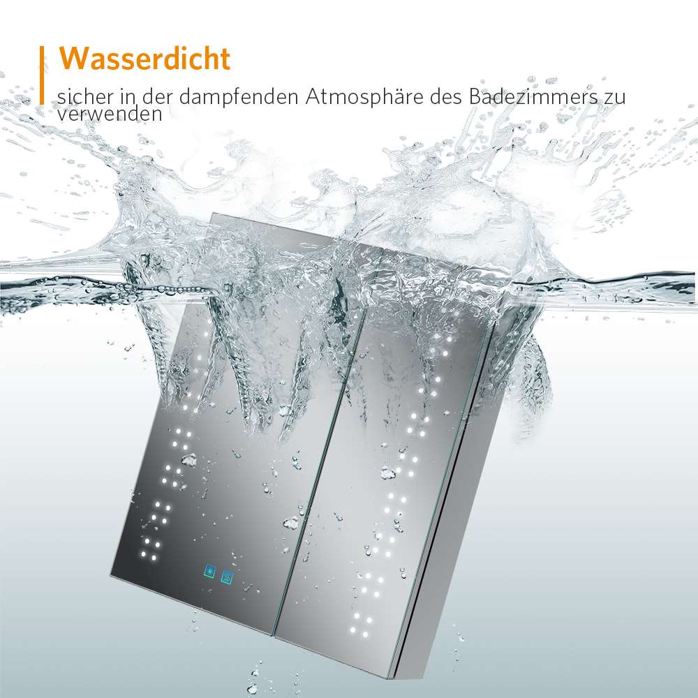 60x70cm LED Badezimmer Spiegelschrank mit Steckdose Antibeschlag Umgebungslicht 2-Tür