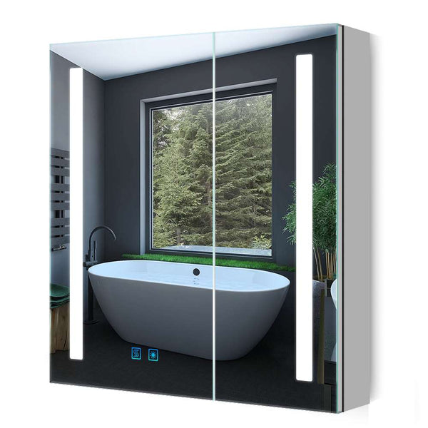 LED Badezimmer Spiegelschrank mit Rasier-Steckdose 2 Tür Vertikales Beleuchtung 63x65cm