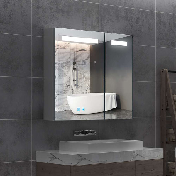 Quavikey Spiegelschrank Bad mit Beleuchtung Antibeschlag Rasier Steckdose Touch-Schalter 2 Tür 65x60cm JC16P-1