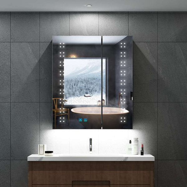 60x70cm LED Badezimmer Spiegelschrank mit Steckdose Antibeschlag Umgebungslicht 2-Tür