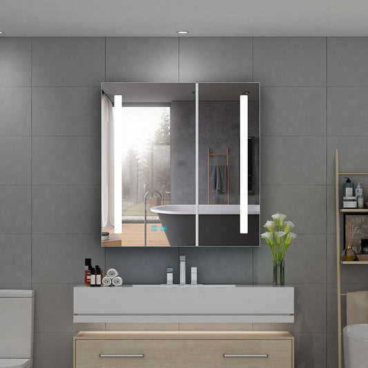 LED Badezimmer Spiegelschrank mit Rasier-Steckdose 2 Tür Vertikales Beleuchtung 63x65cm