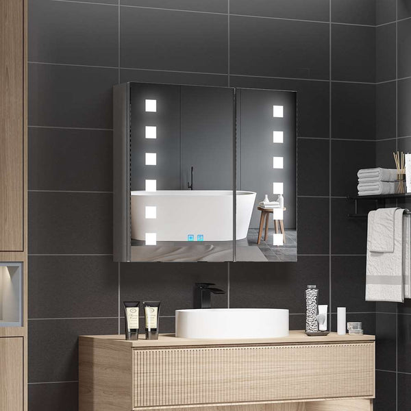 LED Badezimmer Spiegelschrank mit Rasier-Steckdose 2 Tür Touch-Schalter 65x60cm