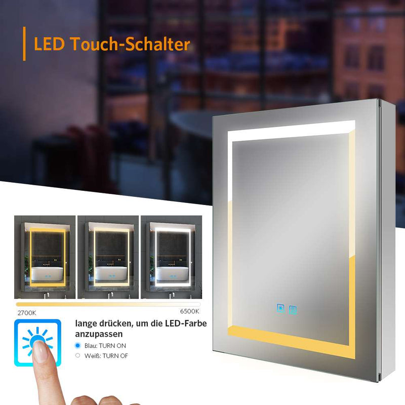50x70cm LED Badezimmer Spiegelschrank mit Rasier-Steckdose Antibeschlag 3 Lichtfarbe