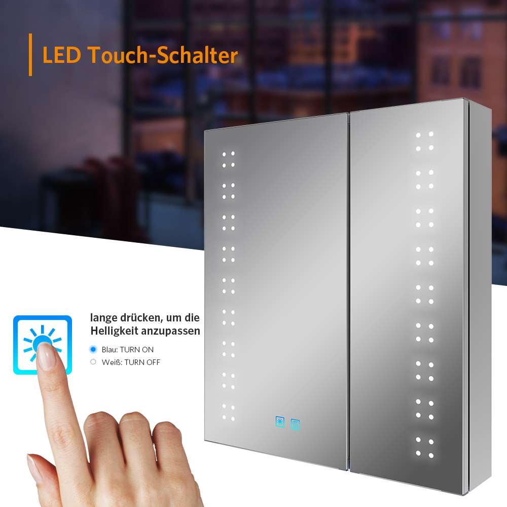 60x70cm LED Badezimmer Spiegelschrank mit Steckdose Antibeschlag Umgebungslicht 2-Tür