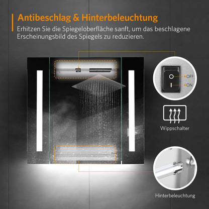 LED Badezimmer Spiegelschrank mit Rasier-Steckdose Antibeschlag Vertikales Beleuchtung 65x60cm