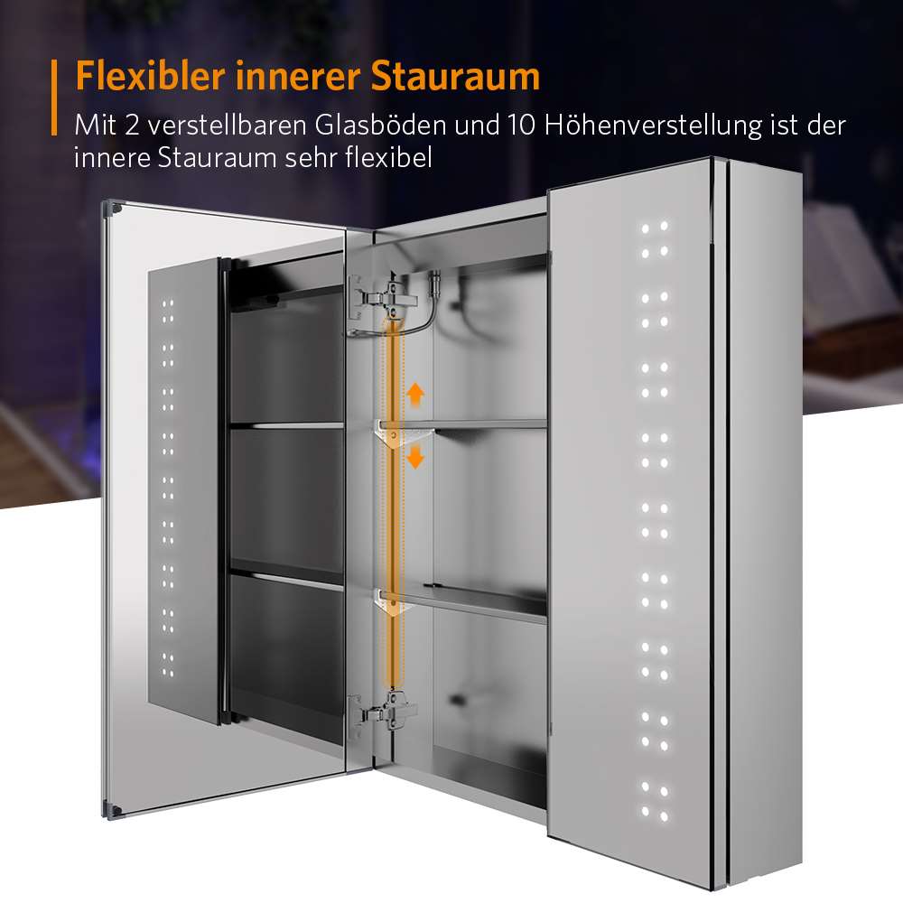 60x70cm LED Badezimmer Spiegelschrank mit Steckdose Antibeschlag Umgebungslicht 2-Tür