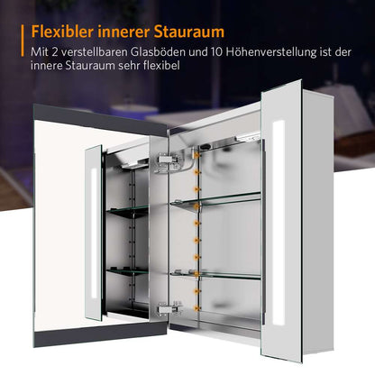 LED Badezimmer Spiegelschrank mit Rasier-Steckdose Antibeschlag Vertikales Beleuchtung 65x60cm