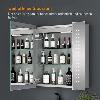 65x60cm LED Badezimmer Spiegelschrank mit Rasier-Steckdose Antibeschlag IR-Schalter