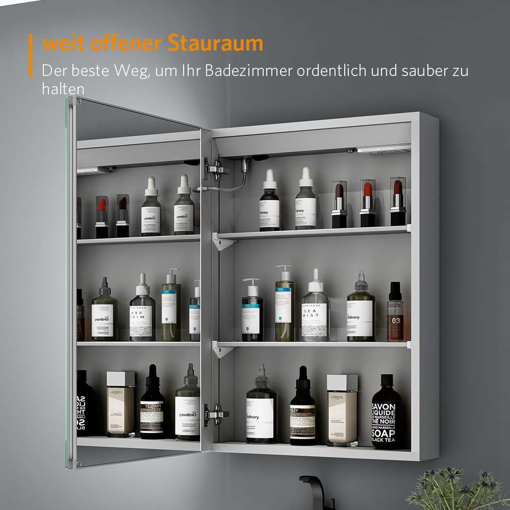 LED Badezimmer Spiegelschrank mit Rasier-Steckdose Antibeschlag IR-Schalter 50x70cm
