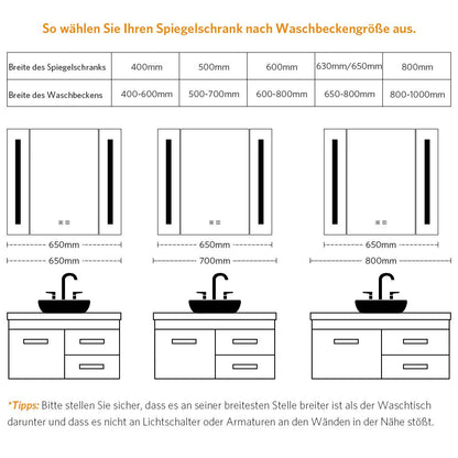 65x60cm LED Badezimmer Spiegelschrank mit Rasier-Steckdose Touch-Schalter Vertikales Beleuchtung