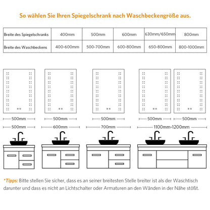 50x70cm LED Schwarz Badezimmer Spiegelschrank mit Steckdose Antibeschlag Touch-Schalter