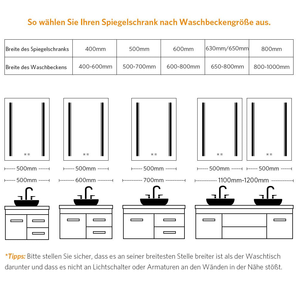 50x70cm LED Schwarz Badezimmer Spiegelschrank mit Steckdose 3 Lichtfarbe Touch-Schalter