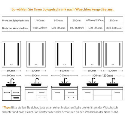 50x70cm LED Schwarz Badezimmer Spiegelschrank mit Steckdose 3 Lichtfarbe Touch-Schalter