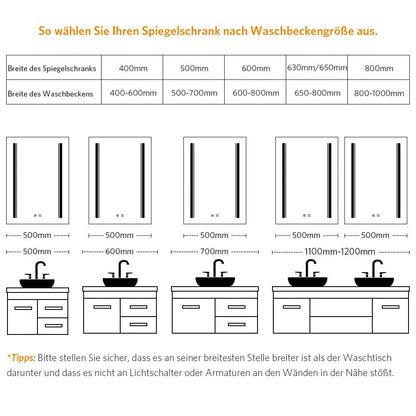 LED Schwarz Badezimmer Spiegelschrank mit Steckdose 3 Lichtfarbe Touch-Schalter 50x70cm