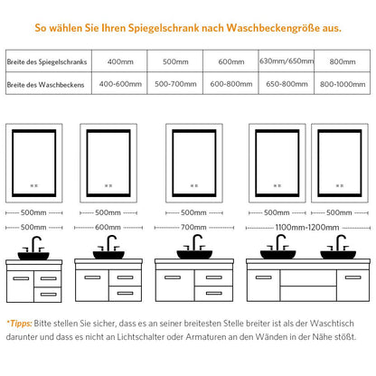LED Badezimmer Spiegelschrank mit Umgebungslicht Rasier Steckdose Touch-Schalter 50x70cm