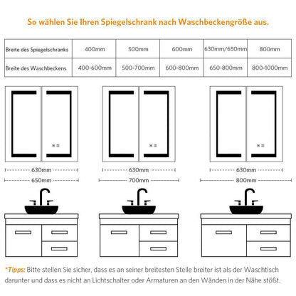 LED Badezimmer Spiegelschrank mit Steckdose Antibeschlag Umgebungslicht 2-Tür 63x65cm
