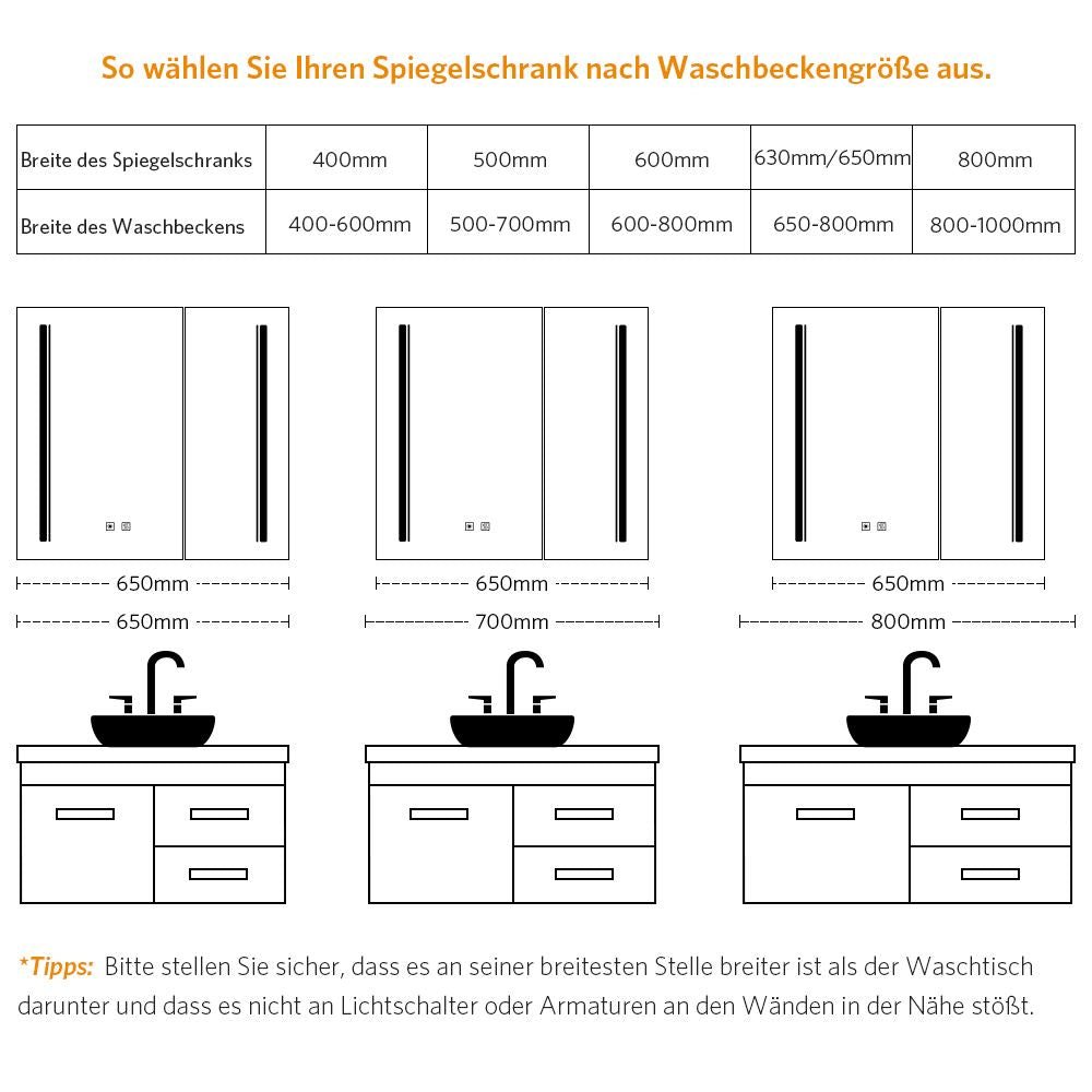 LED Schwarz Badezimmer Spiegelschrank mit Steckdose 3-Lichtfarbe Umgebungslicht 2-Tür 65x60cm