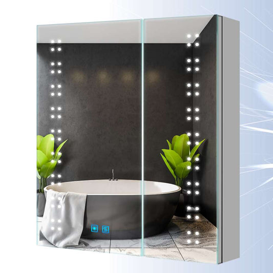 60x70cm LED Badezimmer Spiegelschrank mit Steckdose Antibeschlag Umgebungslicht 2-Tür