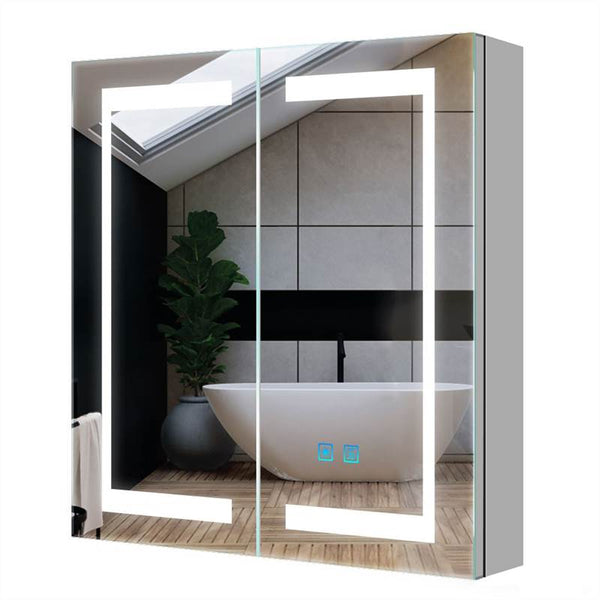 LED Badezimmer Spiegelschrank mit Steckdose Antibeschlag Umgebungslicht 2-Tür 63x65cm