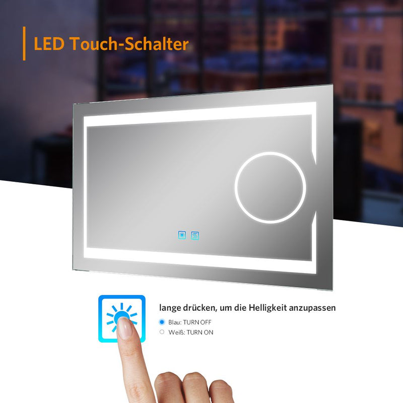 80x60cm LED Badezimmer Spiegel mit Touch-Schalter 3-Fach Lupe (Nein Spiegelschrank)