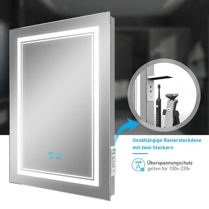 LED Badezimmer Spiegel mit Antibeschlag Rasiersteckdose 3 Lichtfarbe 50x70cm (Nein Spiegelschrank)