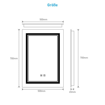 LED Badezimmer Spiegel mit Antibeschlag Rasiersteckdose 3 Lichtfarbe 50x70cm (Nein Spiegelschrank)